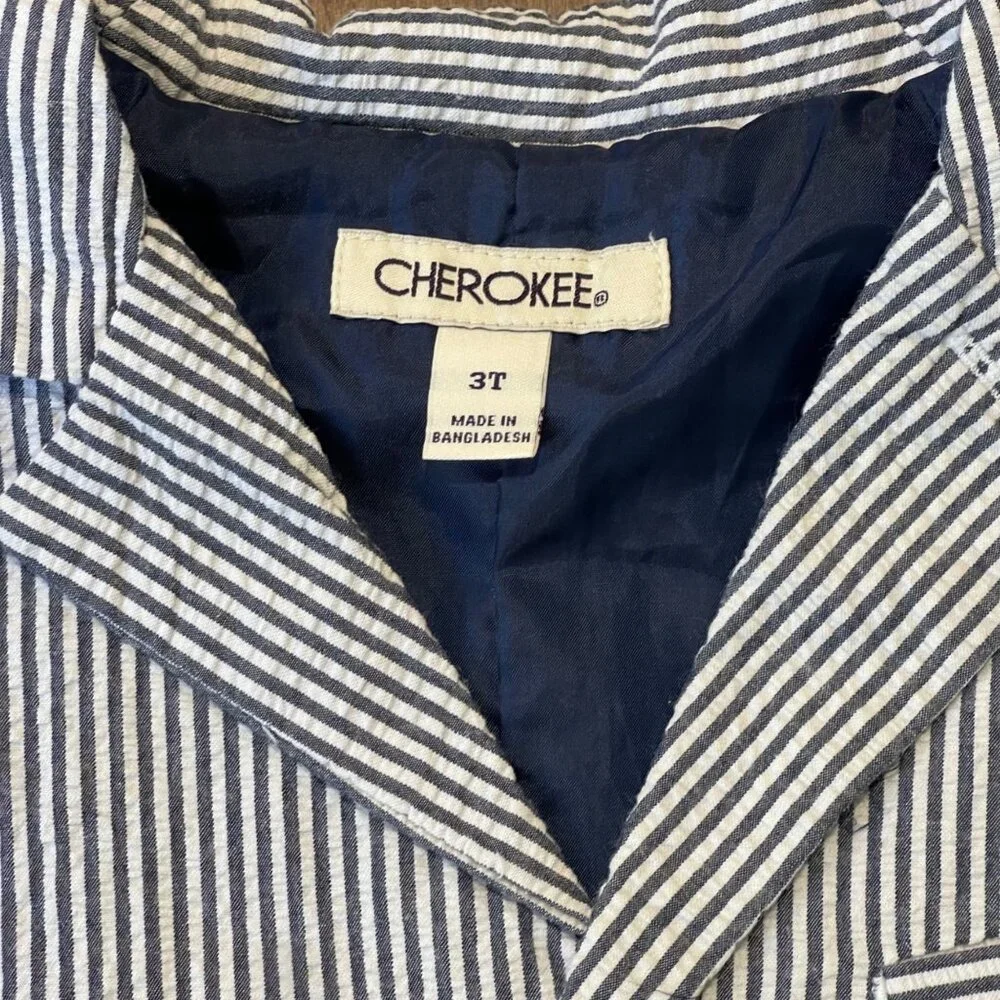 Cherokee Striped Seersucker Blazer Boys Size 3T Blue‎ White Notch Lapel Cotton
